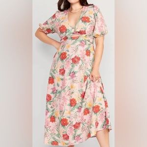 Old Navy Fit & Flare Pink Floral Linen Twist-Front Midi Dress Women’s Size L